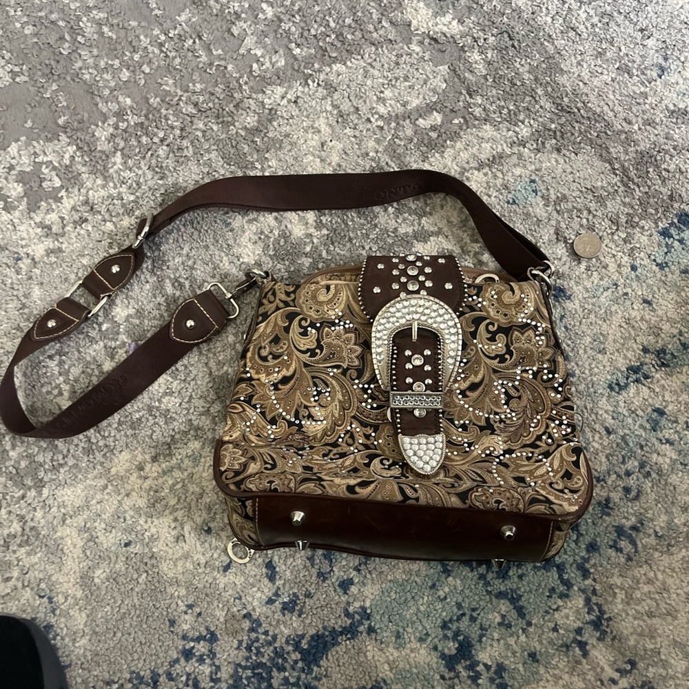 Brown and Tan Paisley Shoulder Bag with Rhinestone Buckle